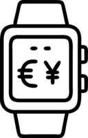 Close up of a futuristic smartwatch displaying currency exchange rates with copy space vector