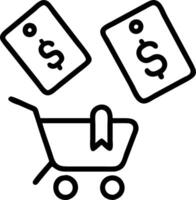 Minimalist illustrations of shopping carts dollar bills and discount tags arranged in a repeating tile with a white background representing consumerism and spending vector
