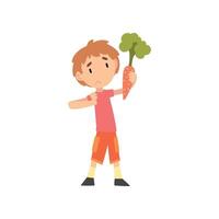 Cute Boy Does Not Want to Eat Carrot, Child Does Not Like Vegetables Illustration Illustration vector