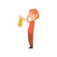 Cute Boy Does Not Want to Eat Banana, Child Does Not Like Fruits Illustration Illustration vector