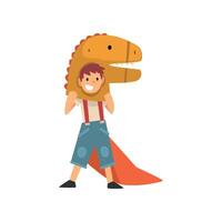 Smiling Boy in Dinosaur Costume, Kid Dressed for Carnival or Masquerade Party Illustration vector