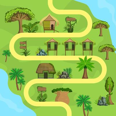 Map of Tropical Island with Bungalows, Top view, Summer Travel, Beach Resort Illustration