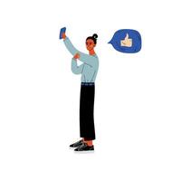 Young Woman Making Selfie and Chatting Online Using Smartphone, Girl with Chat Communication Bubble, Internet Social Network Virtual Communication Illustration vector