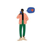 Young African American Man Chatting Online Using Smartphone, Guy with Chat Communication Bubble, Internet Social Network Virtual Communication Illustration vector