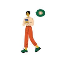 Young Man Chatting Online on His Smartphone, Guy with Chat Communication Bubble, Internet Social Network Virtual Communication Illustration vector