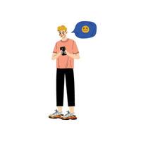 Man in Casual Clothes Chatting Online Using Smartphone, Chat Communication Bubble, Internet Social Network Virtual Communication Illustration vector