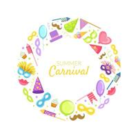Summer Carnival Frame wih Place for Text, Celebration Party Objects in Circular Shape, Masquerade Symbols Illustration vector