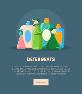 Detergents Banner, Landing Page Template with Place for Text, Liquid Laundry Cleaning Detergents in Plastic Bottles, Products for House Washing Illustration