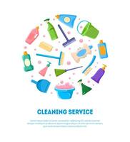 Cleaning Service Banner Template, Various Cleaning Tools and Detergents Products in Circular Shape Illustration vector