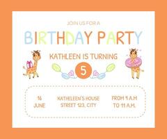 Happy Birthday Invitation Card Template with Cute Animals, Number of Years and Date Illustration vector