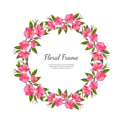 Pink Flowers Round Frame Card Template with Blooming Flowers, Elegant Floral Banner, Poster, Wedding Invitation, Greeting Card Illustration