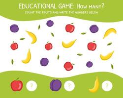 How Many, Education Game for Preschool Children, Development of Mathematical Abilities, Count the Fruits and Write the Number Below Illustration vector