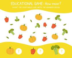 How Many, Education Game for Preschool Children, Development of Mathematical Abilities, Count the Vegetables and Write the Number Below Illustration vector