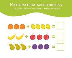 Mathematical Game for Kids, Development of Mathematical Abilities, Count, Sum and Write the Correct Answer in the Box Illustration vector
