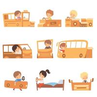 Cute Creative Kids Playing Toys Made of Cardboard Boxes Set, Cute Boys and Girls Playing Cars and Buses Made of Cardboard Boxes and Beds Cartoon Illustration vector