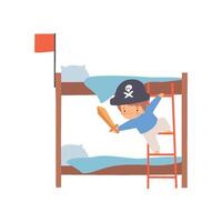 Creative Pirate Boy Character Playing Ship Made of Bunk Bed Cartoon Illustration vector