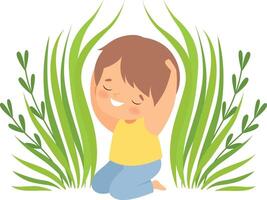 Smiling Happy Boy Sitting in Green Grass, Adorable Little Kid Cartoon Character Playing Outside Illustration vector