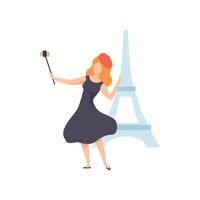 Girl Taking Selfie Photo on Smartphone on Backdrop of Eiffel Tower, Female Tourist Making Photo or for Social Media Using Selfie Stick Illustration vector