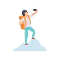 Young Man with Backpack Taking Selfie Photo on Smartphone while Standing on Top of Mountain, Guy Making Photo or for Social Media Using Modern Gadget Illustration vector