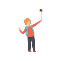 Boy Taking Selfie Photo on Smartphone, Kid Making Photo or Using Selfie Stick Illustration vector