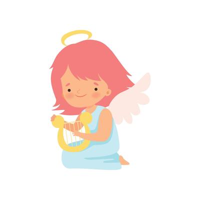 Cute Girl Angel with Nimbus and Wings Playing Harp, Lovely Baby Cartoon Character in Cupid or Cherub Costume Illustration