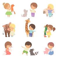 Cute Little Children Playing with Playing and Hugging Animals, Kid Interacting with Animal in Contact Zoo Cartoon Illustration vector
