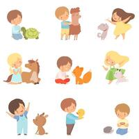 Cute Little Children Playing with Playing, Hugging and Feeding Animals, Kid Interacting with Animal in Contact Zoo Cartoon Illustration vector