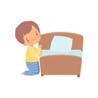 Cute Little Boy Character Praying Before Going to Bed Illustration vector