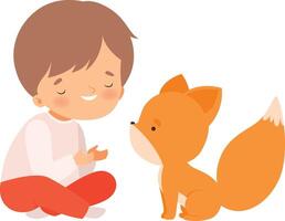 Smiling Boy Playing with Fox Cub, Kid Interacting with Animal in Contact Zoo Cartoon Illustration vector