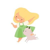 Cute Girl Running with Goatling, Kid Having Fun with Animal in Contact Zoo Cartoon Illustration vector