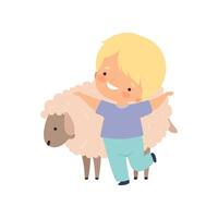 Cute Smiling Boy Hugging Sheep, Kid Interacting with Animal in Contact Zoo Cartoon Illustration vector