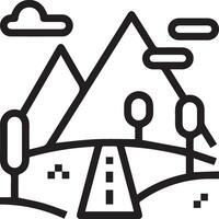 A black and white line drawing of a road and mountains vector