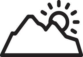 A black and white mountain silhouette with the sun behind it vector