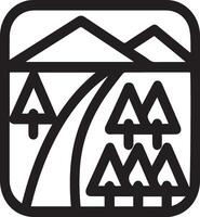 A black and white logo with mountains and trees vector