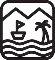 A black and white icon of a mountain with boat on the water vector
