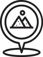 A black and white icon of a mountain with a pin on it vector