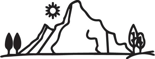 A black and white drawing of a mountain with trees and sun vector