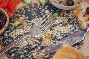 An empty dirty plate with a fork. photo