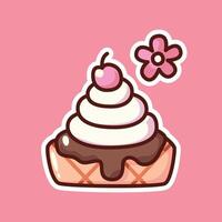Kawaii Whipped Cream Dessert with Chocolate and Cherry on Pink Background vector