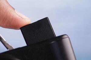 putting SD memory card in a camera photo