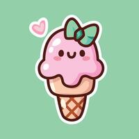 Kawaii Strawberry Ice Cream Cone with Bow and Heart on Mint Background vector