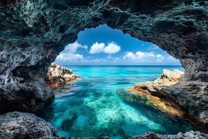 A View of Turquoise Water Through a Coastal Cave photo