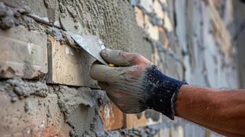 Close-up of a worker's hand applying mortar with a trowel to a brick wall photo