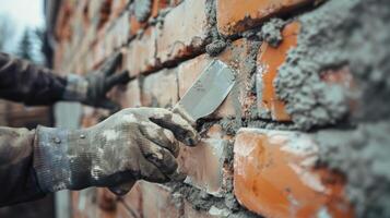 Close-up of a Worker's Hand Using a Trowel to Spread Mortar Between Bricks photo