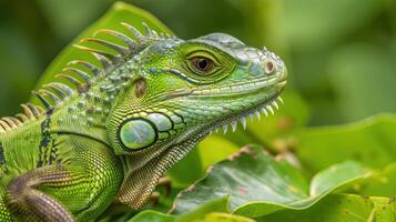 Close-up of a Green Iguana with Spiky Crest and Sharp Teeth photo