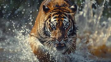 Bengal Tiger Emerging from Water with Splashing Water Drops photo
