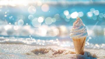 Ice Cream Cone Melting on Sandy Beach with Sparkling Water photo