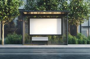 Modern Bus Stop with Blank Billboard and Bench photo