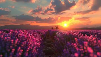 Lavender Field at Sunset with Golden Sky and Silhouetted Trees photo