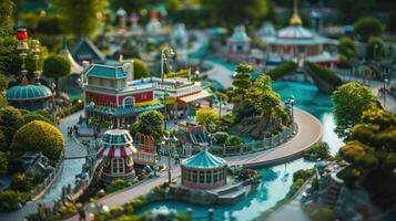 Miniature Model of a Town with Buildings, Trees, and a River photo